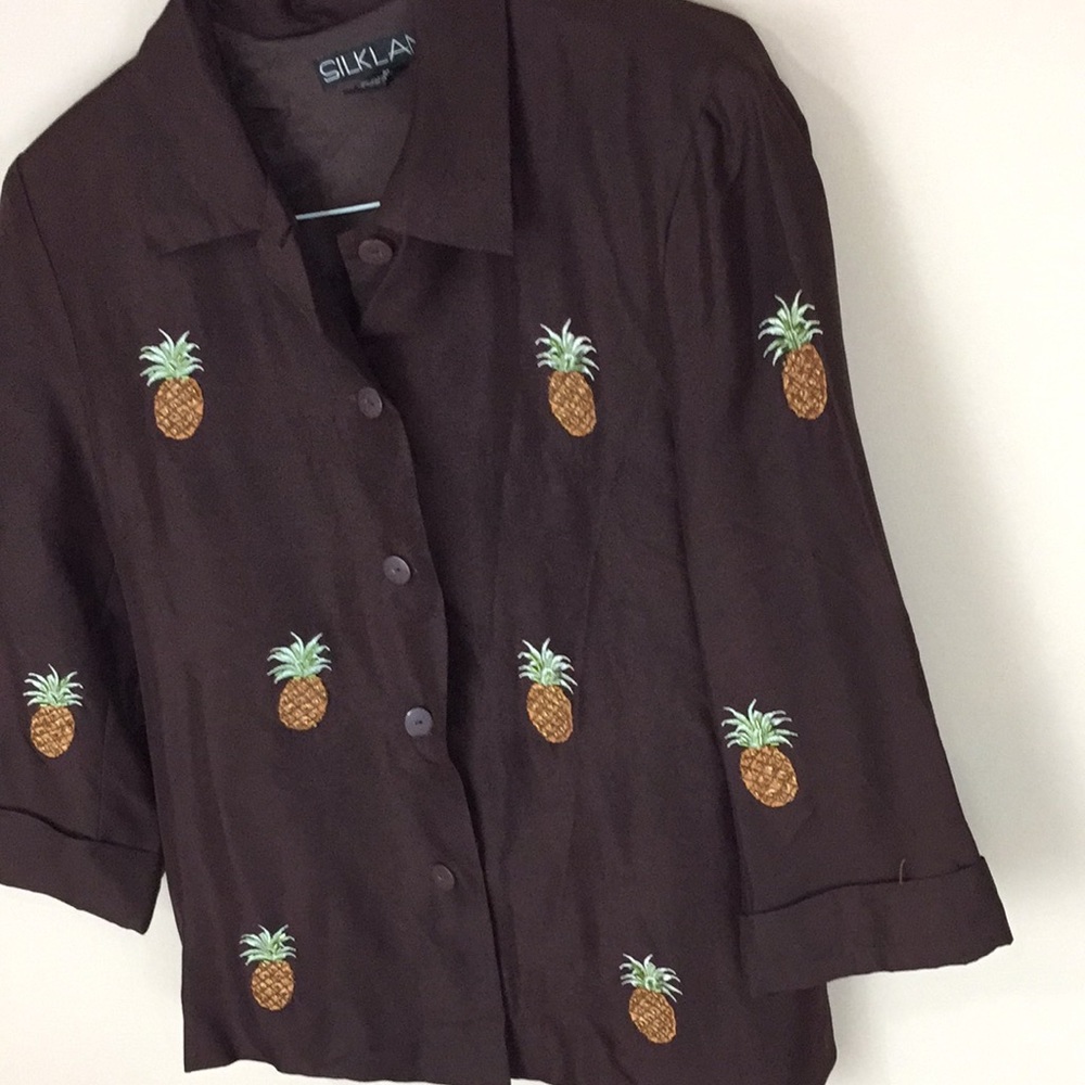 Silkland Brown Silk Top with Embroidered Beaded Pineapples Size 10 - Picture 9 of 15